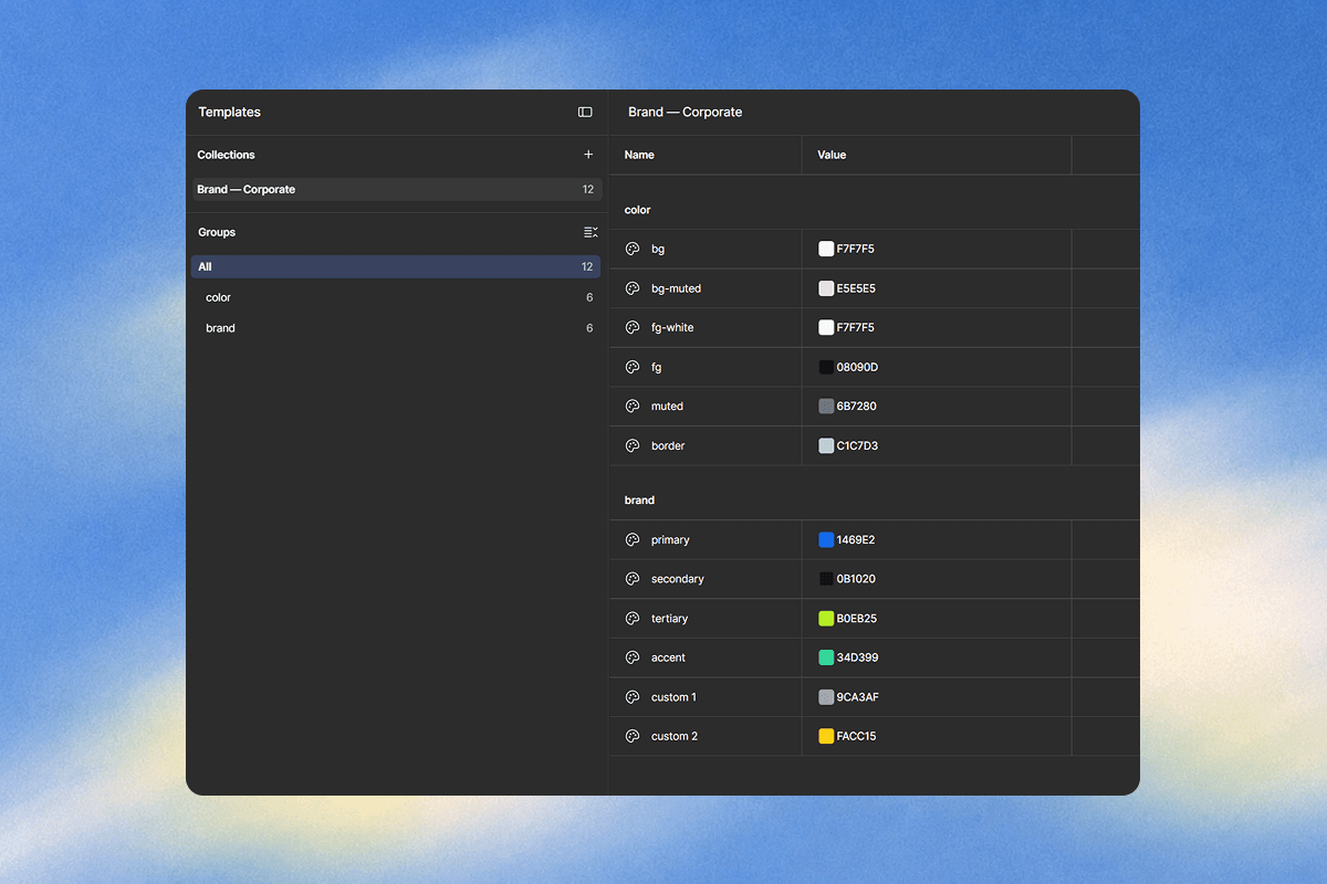 The Local variables panel in Figma, showing the color and brand groups.
